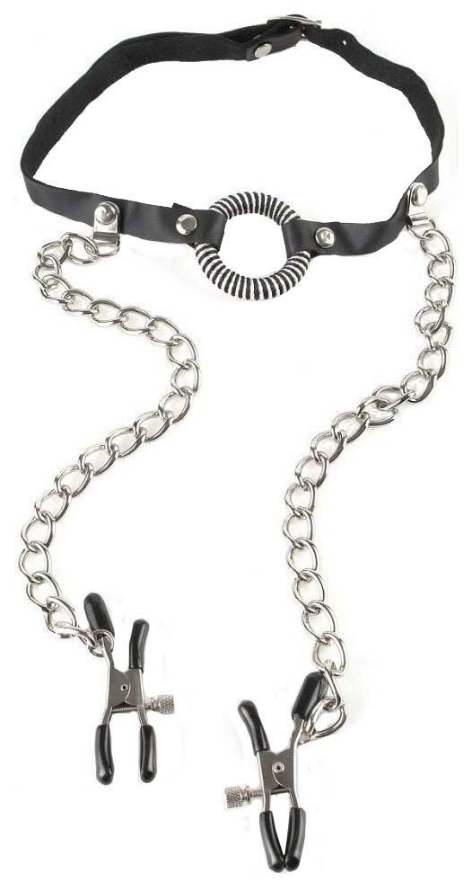 фото Кляп-кольцо pipedream o-ring gag nipple clamp с зажимами для сосков