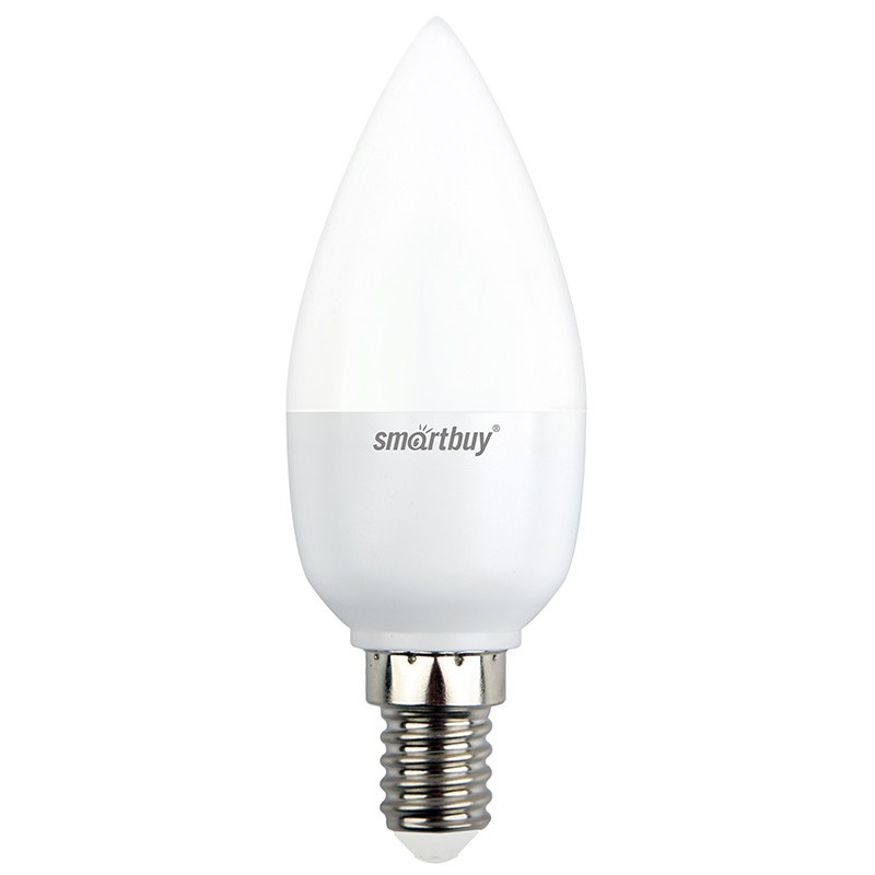 Светодиодный светильник Свеча Smartbuy мощностью 9,5 Вт с цоколем Е14 и температурой цвета 3000K.
