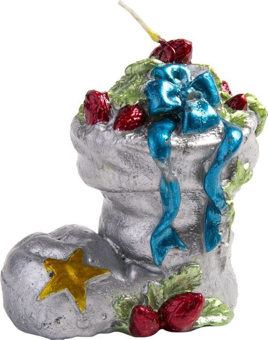 фото Свеча новогодняя феникс-презент серебряный сапожок с подарками 8 см