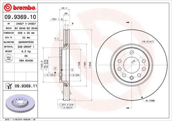 фото Тормозной диск brembo 09.9369.10