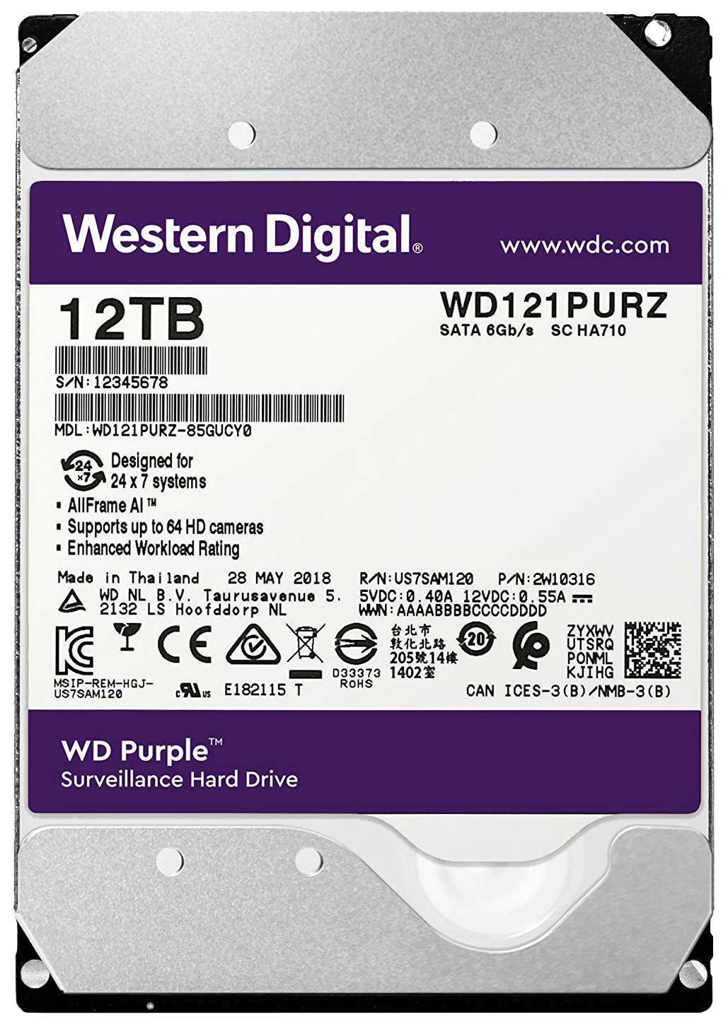 фото Внутренний жесткий диск western digital purple 12tb (wd121purz)