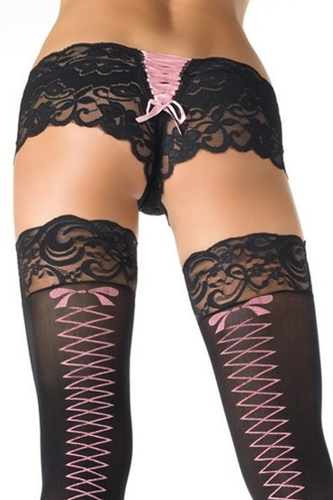 фото Трусики ажурные со шнуровкой сзади, черные с розовым, m/l leg avenue