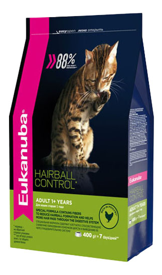 Сухой корм для кошек Eukanuba Hairball Control, для выведения шерсти, курица, 0,4кг