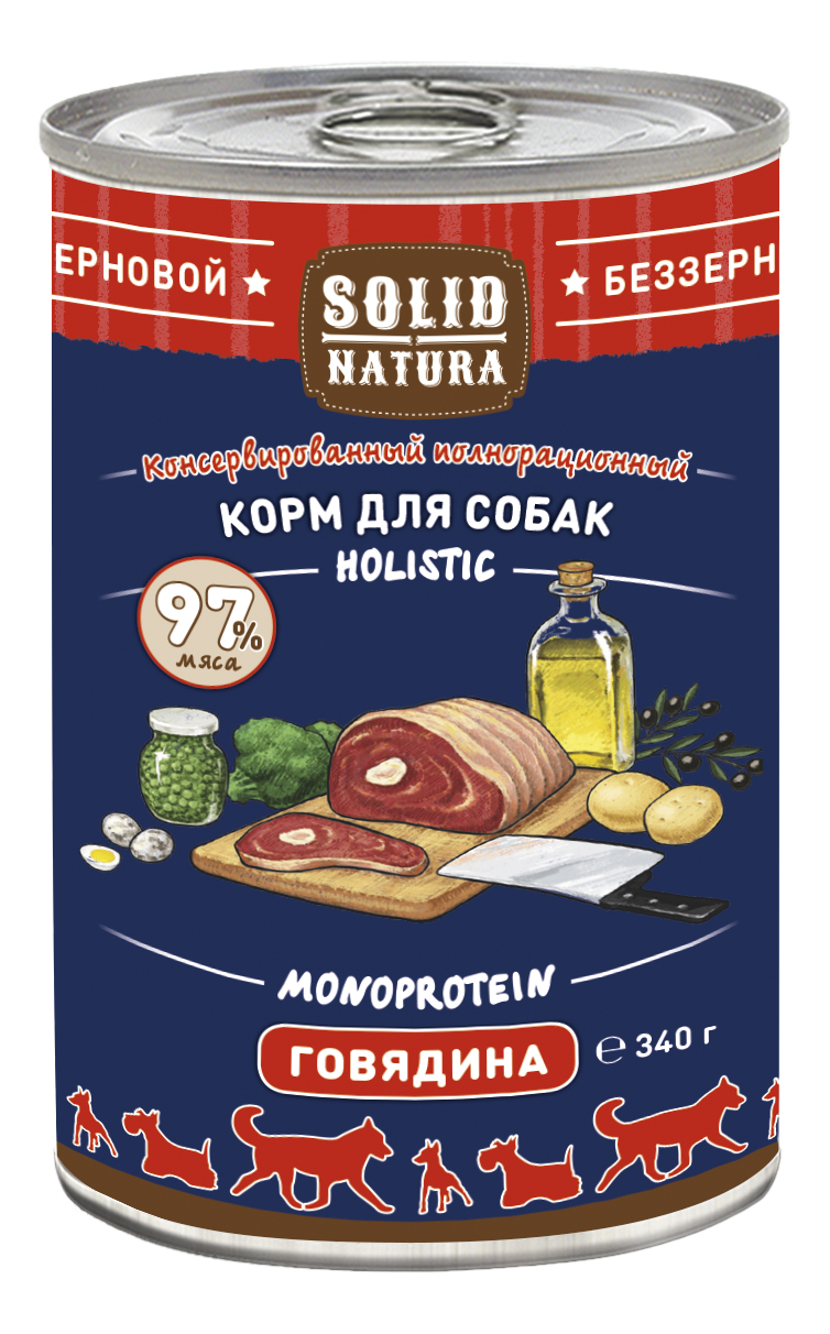 Консервы для кошек SOLID NATURA Holistic Monoprotein, беззерновые с говядиной 12шт по 340г