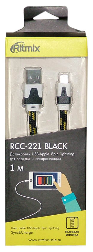 фото Кабель ritmix rcc-221 lightning 8pin-usb black для синхронизации/зарядки, 1м, ткан, опл,