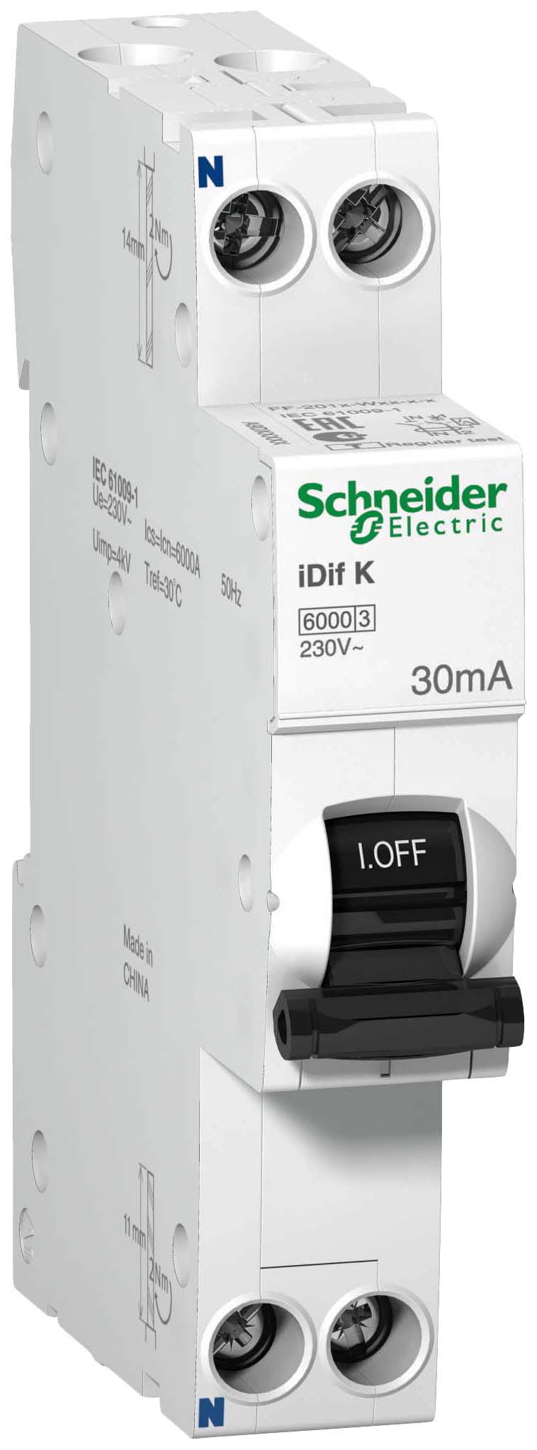 Выключатель автоматический iDPN K, 1 модуль, 2 поста, C, 25 А, 30 мА, тип AC, 6 кА