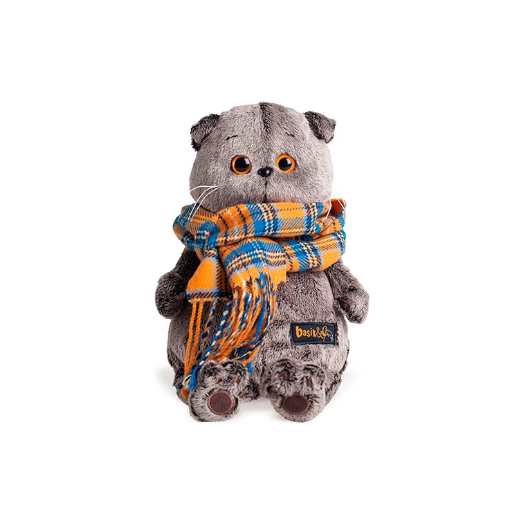 фото Мягкая игрушка budi basa кот басик и шарф в клеточку, 25 см