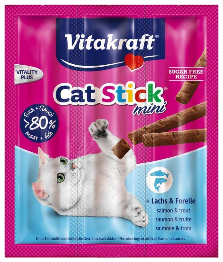 фото Лакомство для кошек vitakraft cat-stick mini колбаски, лосось, форель, 3 шт, 18 г
