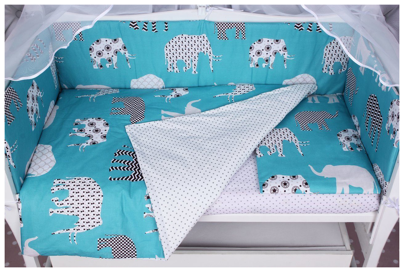 

Комплект в кроватку 4 предмета (бортики на молнии) AmaroBaby СЛОНИКИ (бязь, изумруд)