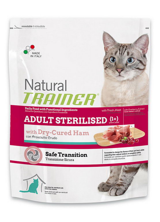 фото Сухой корм для кошек trainer natural adult sterilised, для стерилизованных, ветчина, 1,5кг