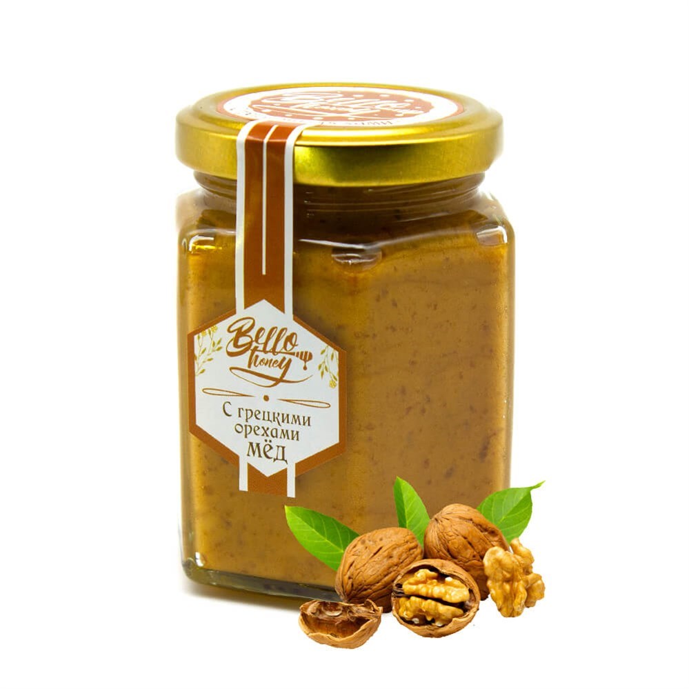 

Крем-мёд Bello Honey с грецкими орехами, 200 мл, Крем-мёд с грецкими орехами Bello Honey (200мл)