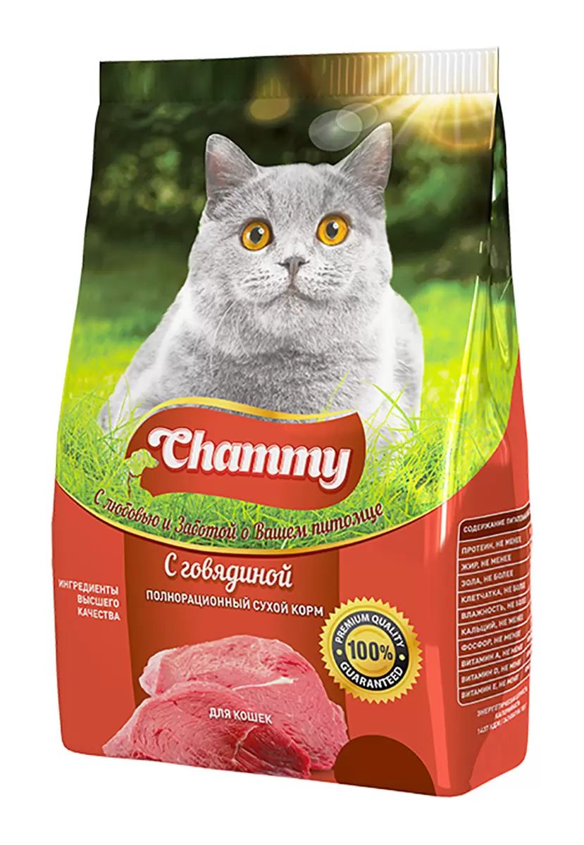 Сухой корм для кошек Chammy, говядина, 2 шт по 350 г