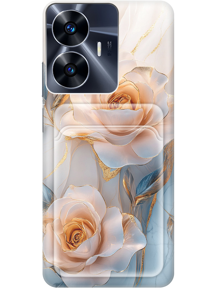 

Силиконовый чехол на Realme C55 с принтом "Белые розы на мраморе" с карманом для карты, Прозрачный;белый;оранжевый, 768742723