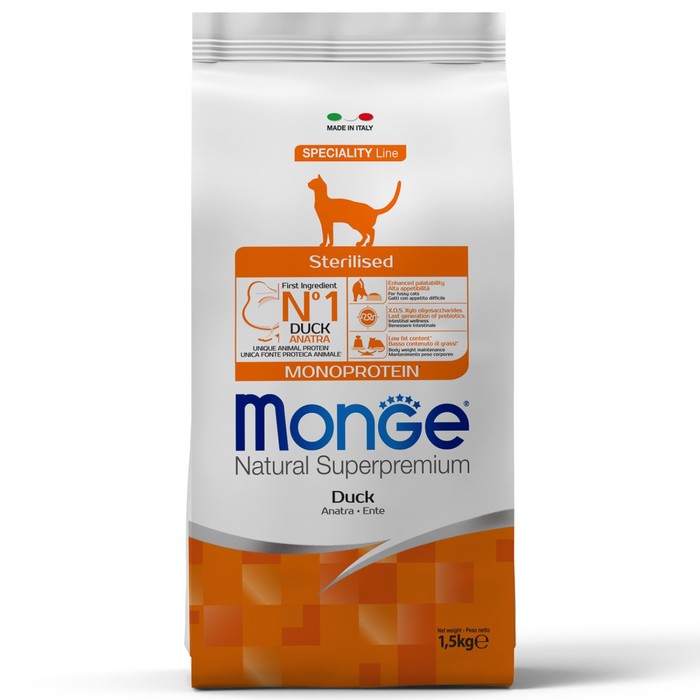 

Сухой корм для кошек Monge Cat Monoprotein Sterilised Duck для стерилизованных, утка 1,5кг