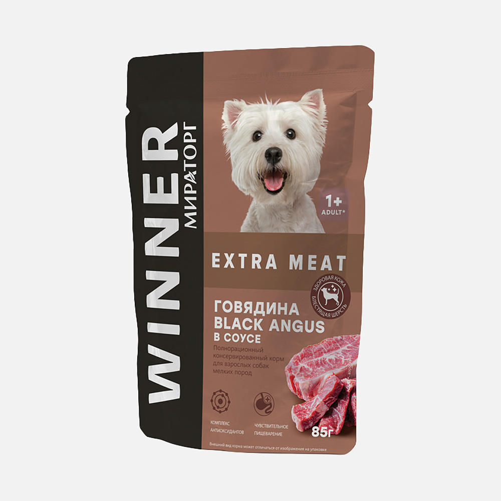 фото Корм winner extra meat, для взрослых собак мелких пород, говядина в соусе, 85 г