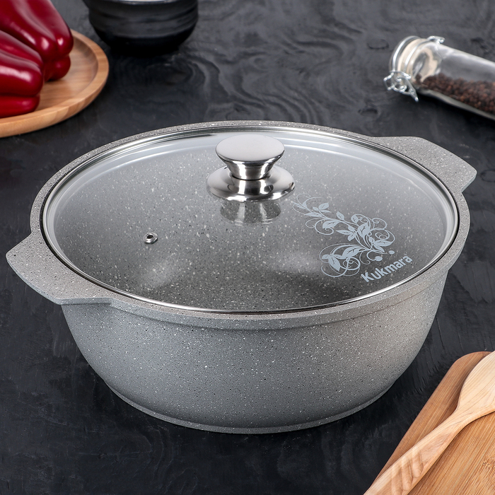 

Жаровня Kukmara Мраморная стеклянная крышка антипригарное покрытие 26 см 4 л, Серый, KUKMARA «Мраморная»