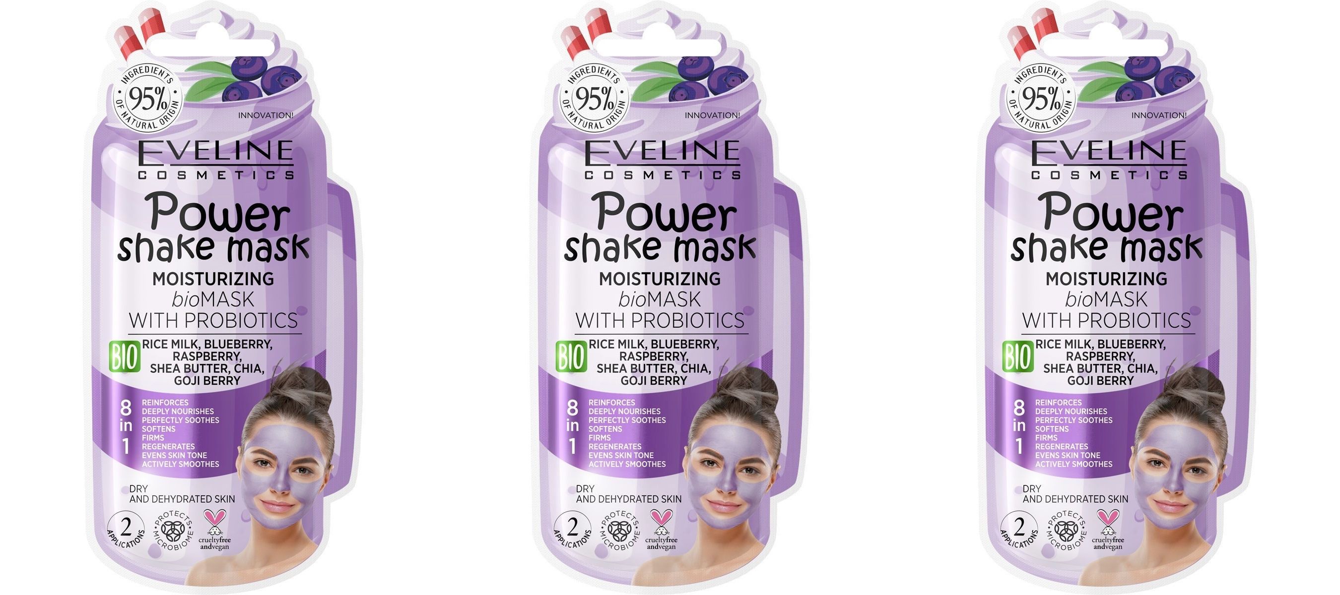 

Био-маска Eveline для лица Power Shake Mask Увлажняющая С пробиотиками, 10 мл, 3 шт