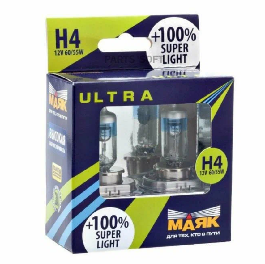 

Лампа 12V H4 60/55W +100% P43t Маяк Ультра Super Light 1 шт. картон 82420SL+100new