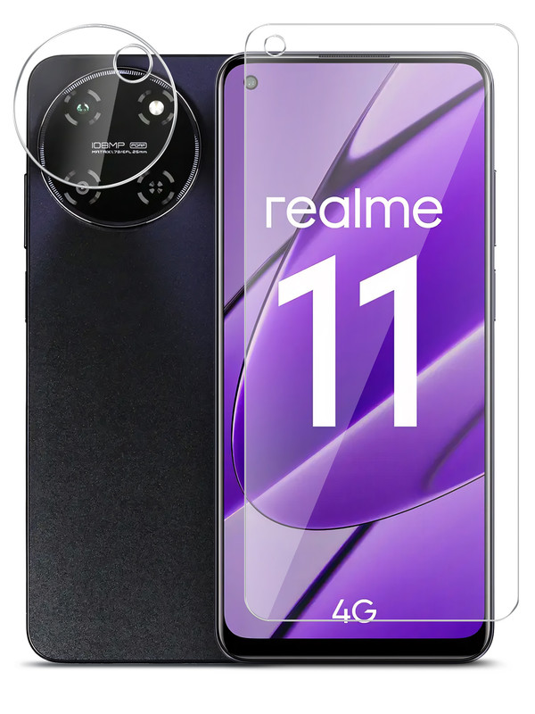 

Защитное стекло Brozo на экран и камеру Realme 11 4G гибридное прозрачное, Realme 11 4G