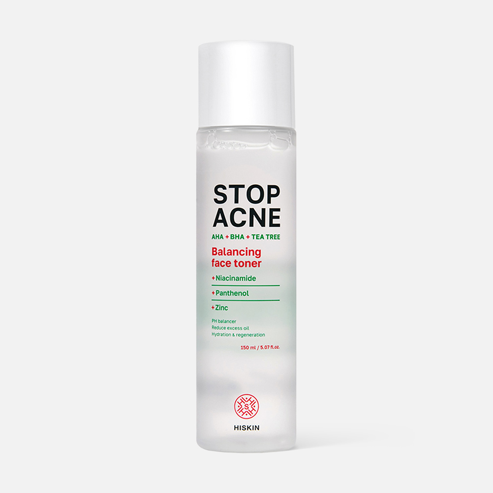 Тонер для лица Hiskin Stop Acne балансирующий, AHA + BHA + Tea Tree, 150 мл