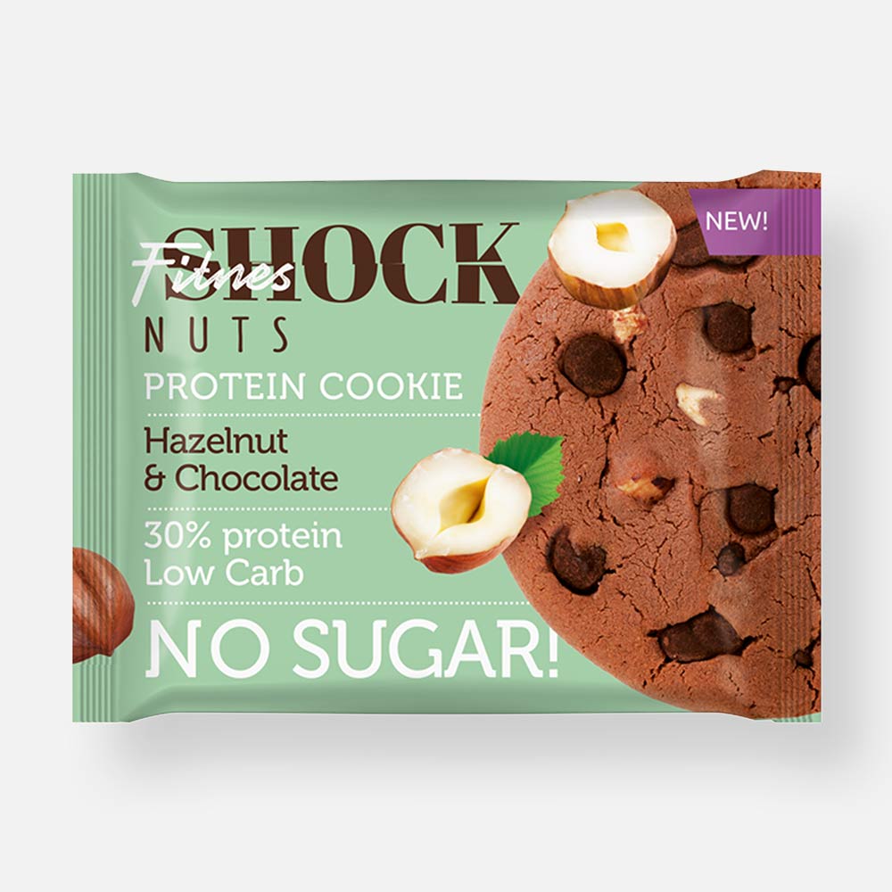 фото Печенье fitnesshock nuts, протеин 30%, шоколад-фундук, без сахара, 40 г
