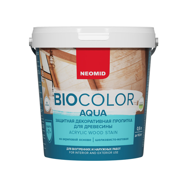 фото Защитная декоративная пропитка для древесины bio color aqua бесцветный 0,9 л. neomid