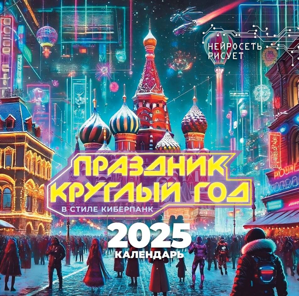 Календарь АСТ Праздник круглый год В стиле киберпанк Нейросеть рисует 2025 год