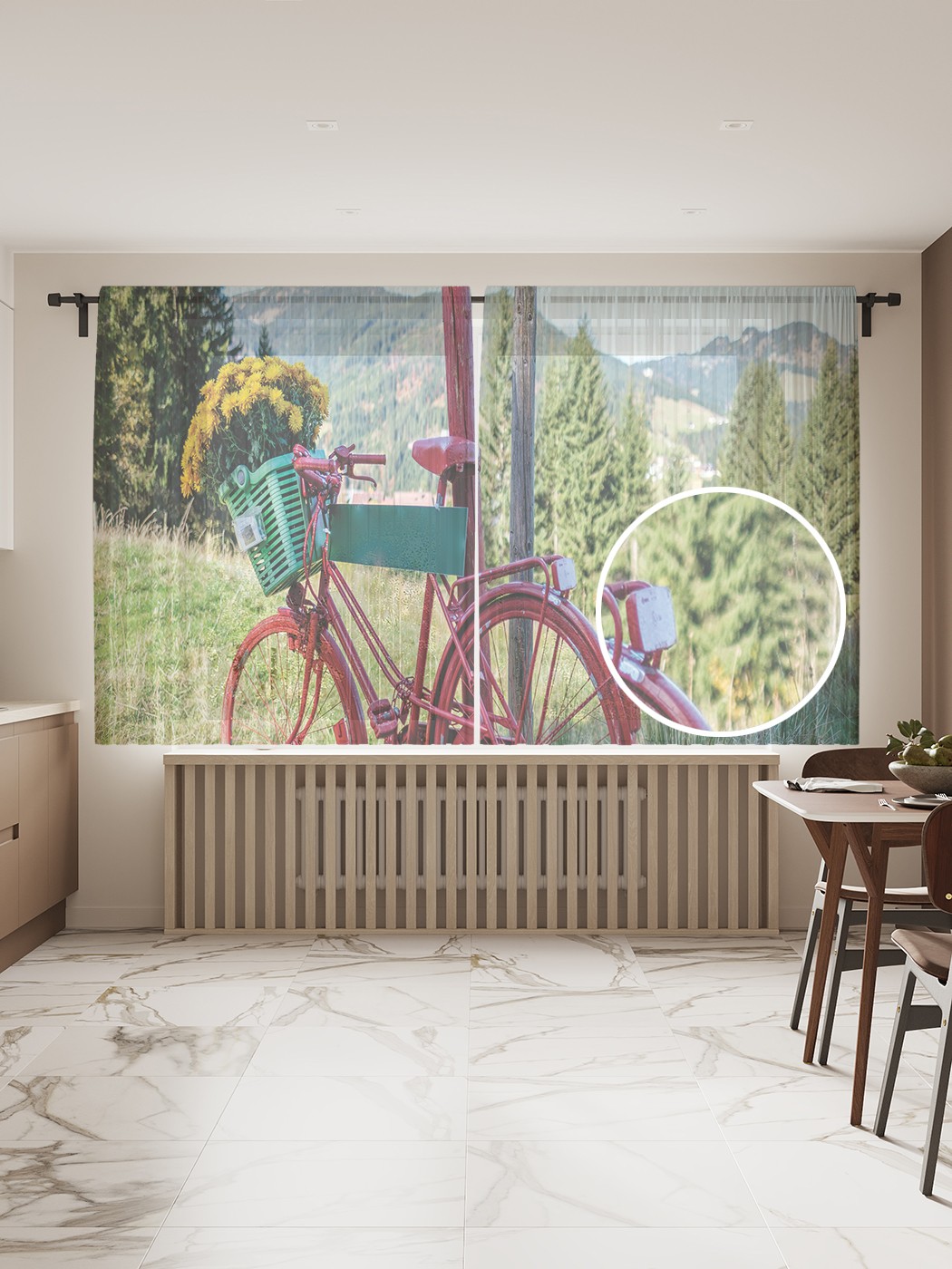фото Фототюль joyarty "велосипед с цветами на лугу" 145x180см, 2 полотна, лента, 50 крючков