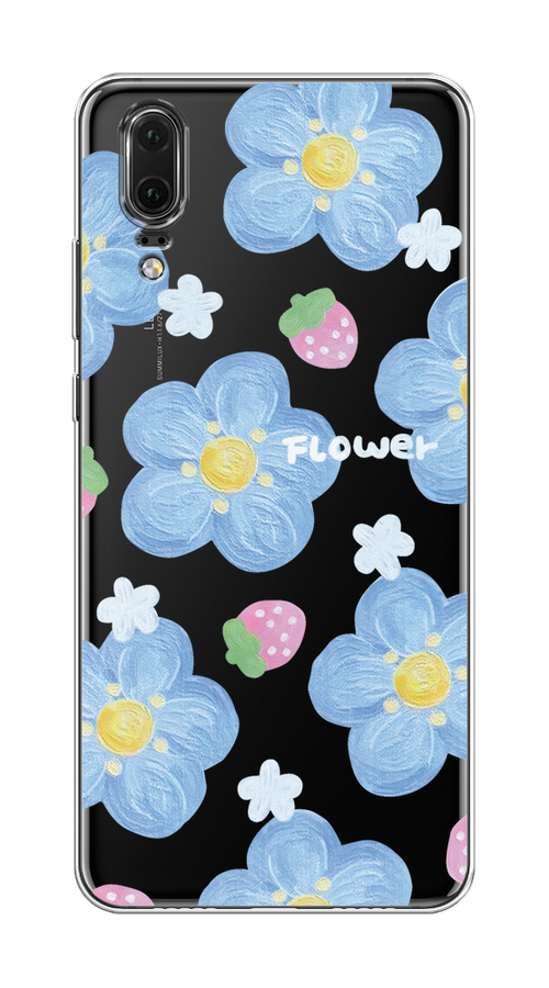 

Чехол на Huawei P20 "Цветы и клубники", Прозрачный;голубой;белый, 64350-1