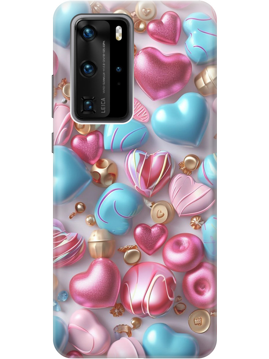 

Силиконовый чехол на Huawei P40 Pro с принтом "Конфеты и сердечки", Прозрачный;голубой;розовый, 722839291