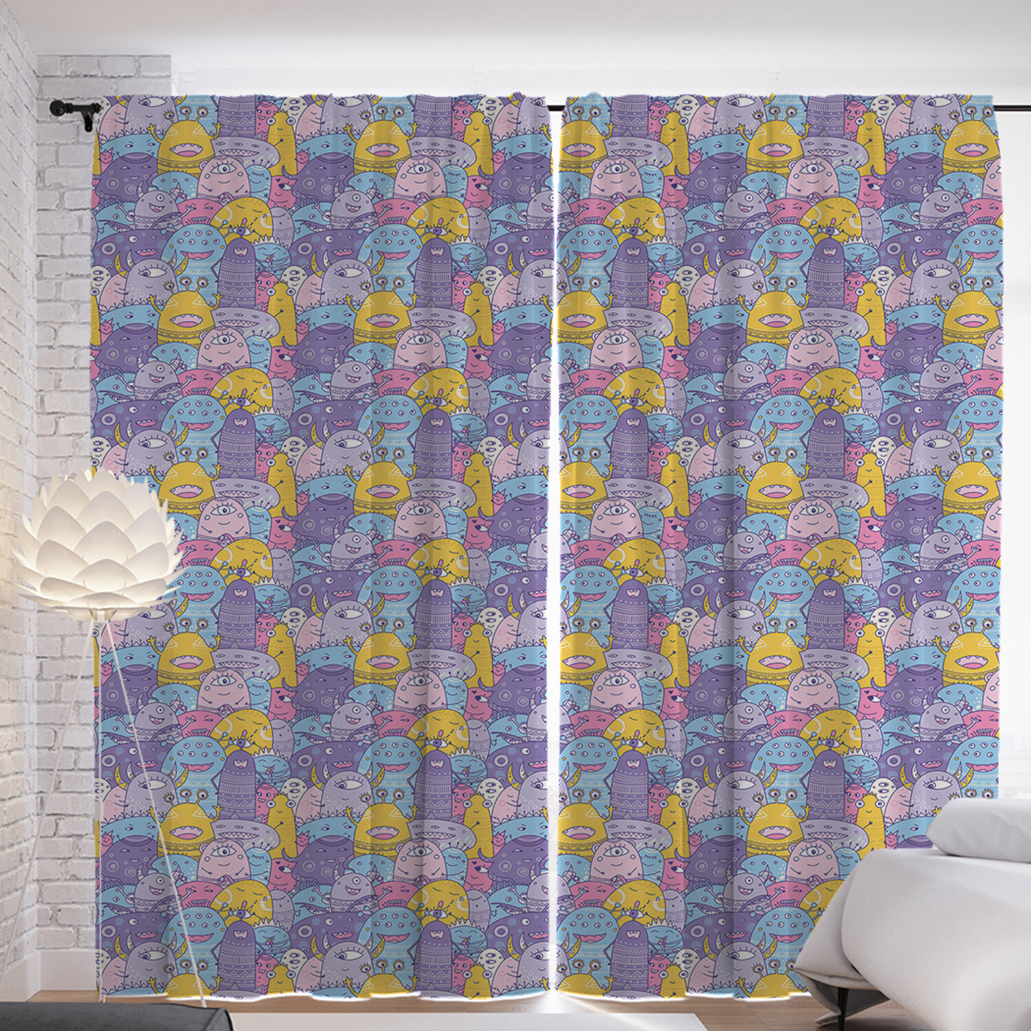 

Шторы с фотопечатью JoyArty "Счастливые монстры" из сатена, 290х265 см, Счастливые монстры