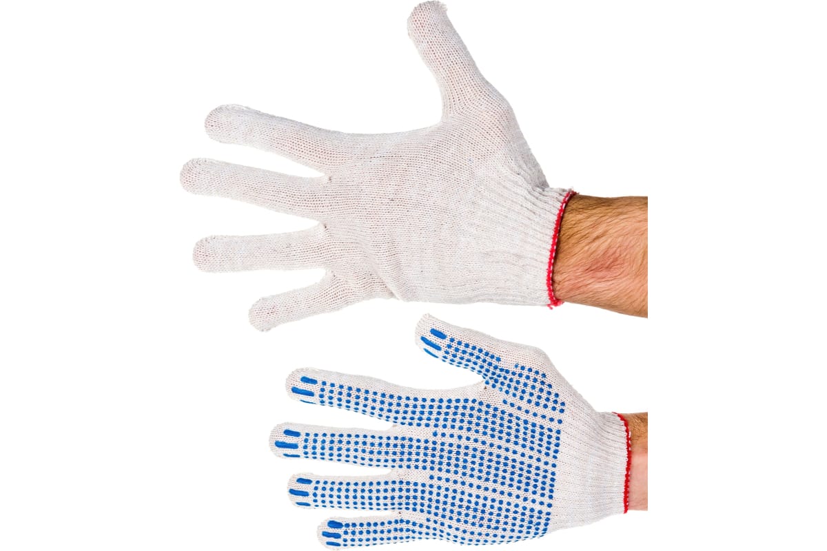 Хлопчатобумажные перчатки с ПВХ Сталер, 100 пар, 10 класс вязки, белые, точка, 4 нити Т/42