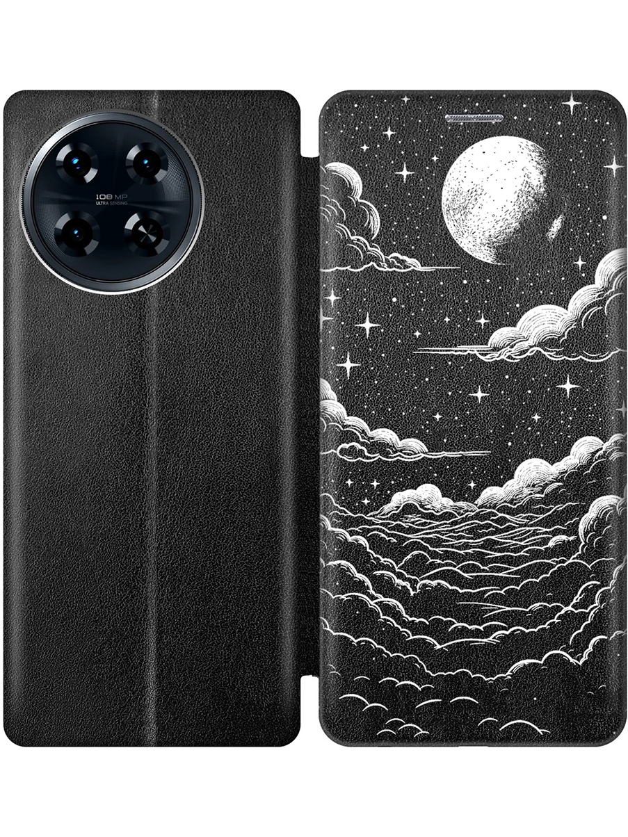 

Чехол-книжка на Tecno Spark 20 Pro+ с принтом "Луна и облака" черный, Черный;белый, 783985041
