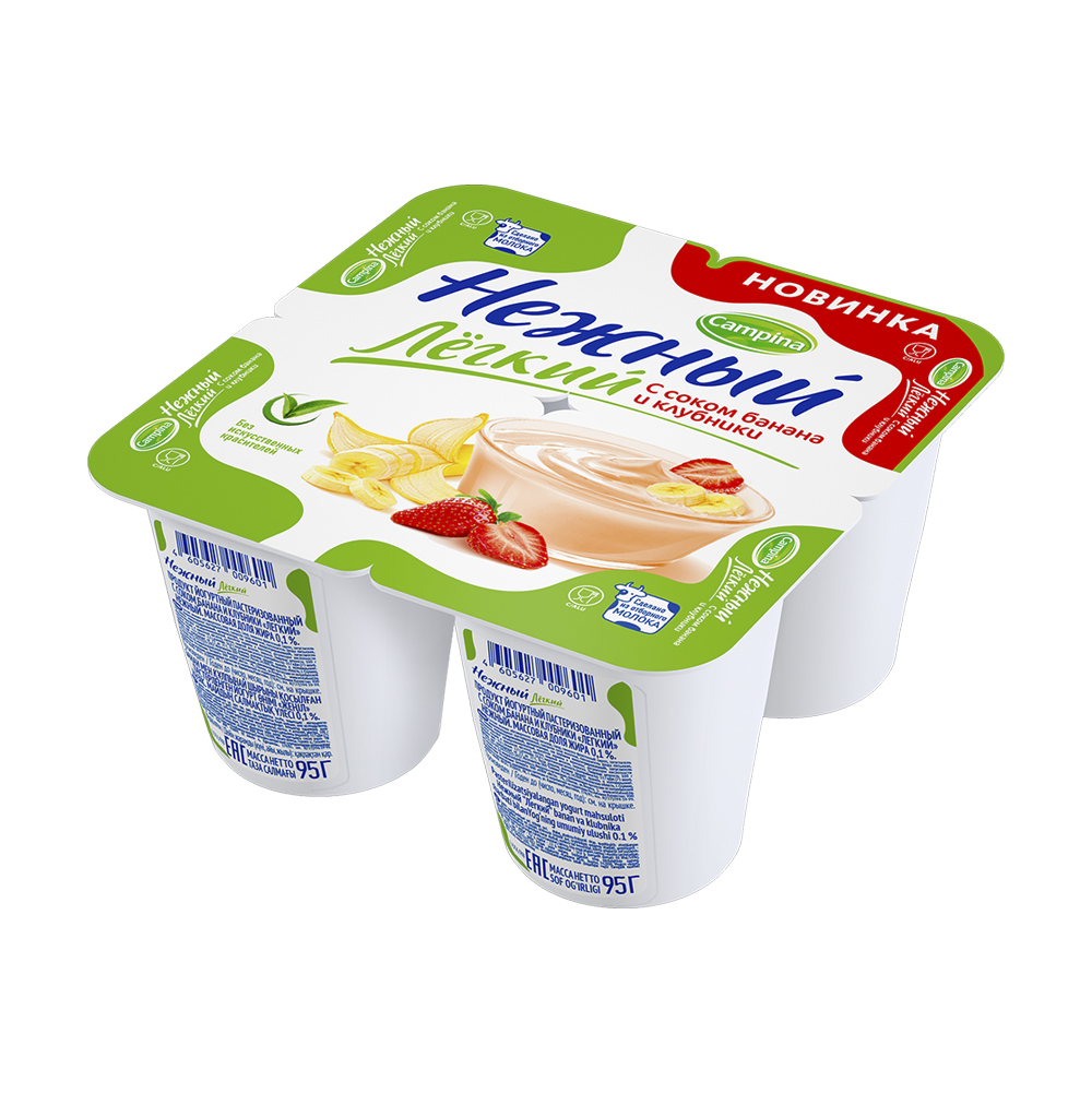 Продукт йогуртный Нежный, Campina, лёгкий, банан/клубника, 0,1%, 95 г