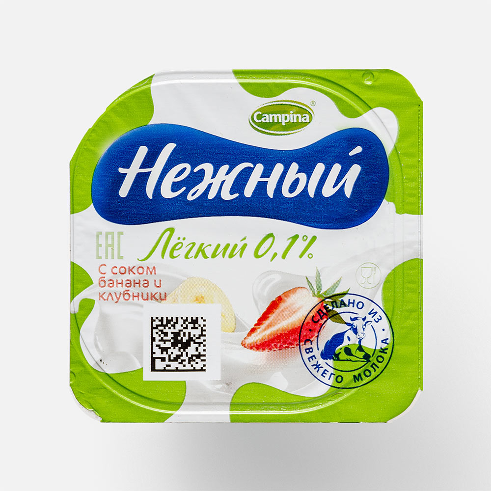 Продукт йогуртный Нежный Лёгкий пастеризованный, с соком банана и клубники, 0,1%, 95 г