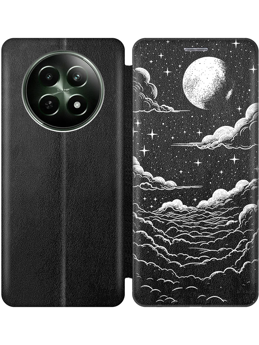 

Чехол-книжка на Realme 12 5g с принтом "Луна и облака" черный, Черный;белый, 783982641