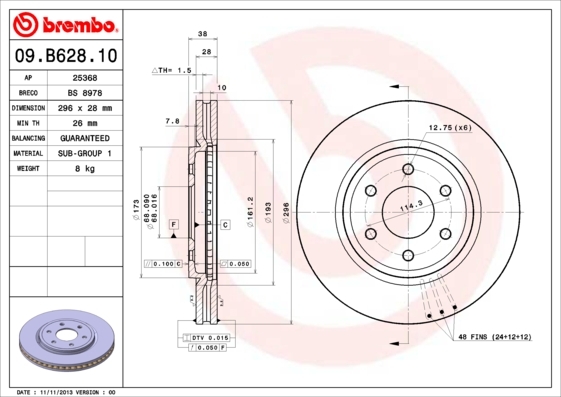 

Тормозной диск brembo передний для, Nissan Navara 04- Navara 08- Pathfinder 05- 09.B628.10