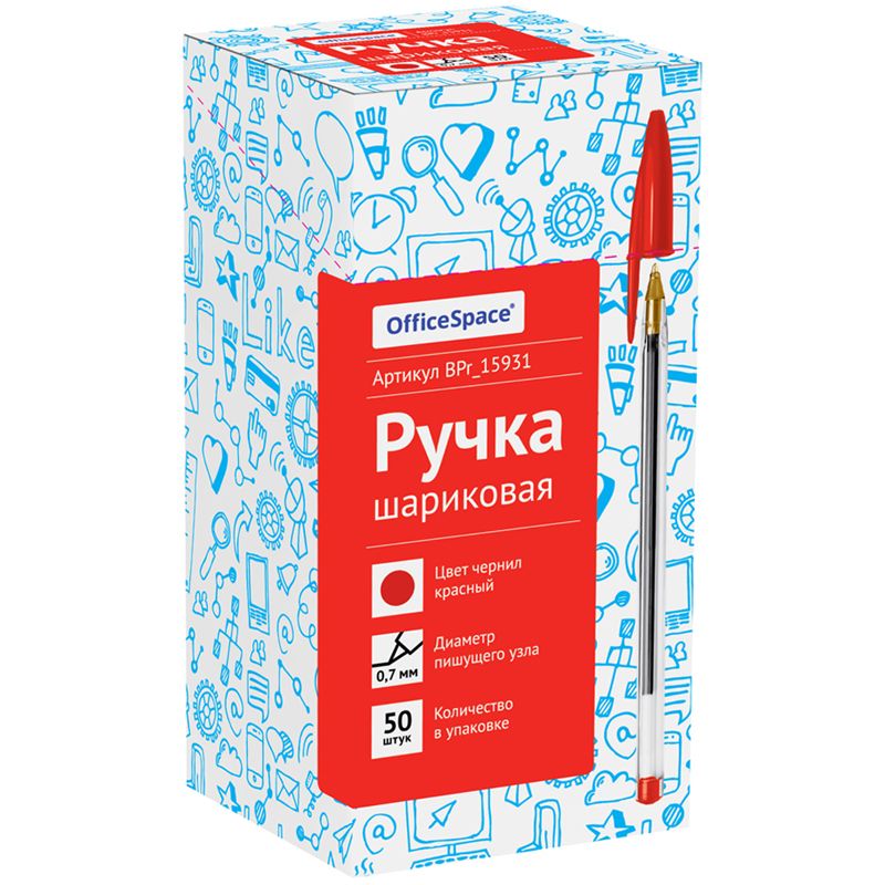 

Набор из 50 шт. Ручка шариковая OfficeSpace красная, 0,7мм