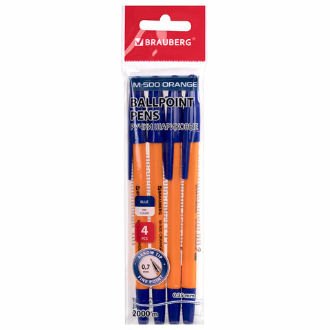 

Ручки шариковые BRAUBERG "M-500 ORANGE", НАБОР 4 шт., СИНИЕ, узел 0,7 мм, л