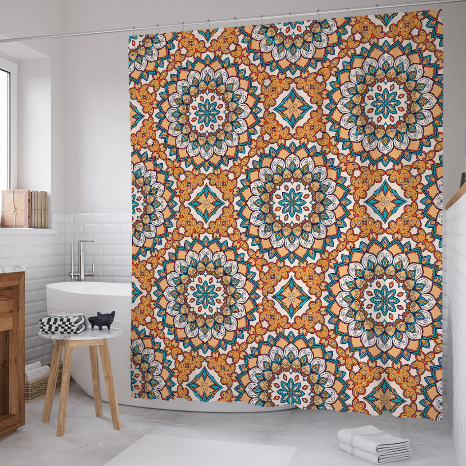 

Штора для ванной JoyArty "Орнамент из цветов и ромбов" из сатена 180х200 см с крючками, Оранжевый, Орнамент из цветов и ромбов