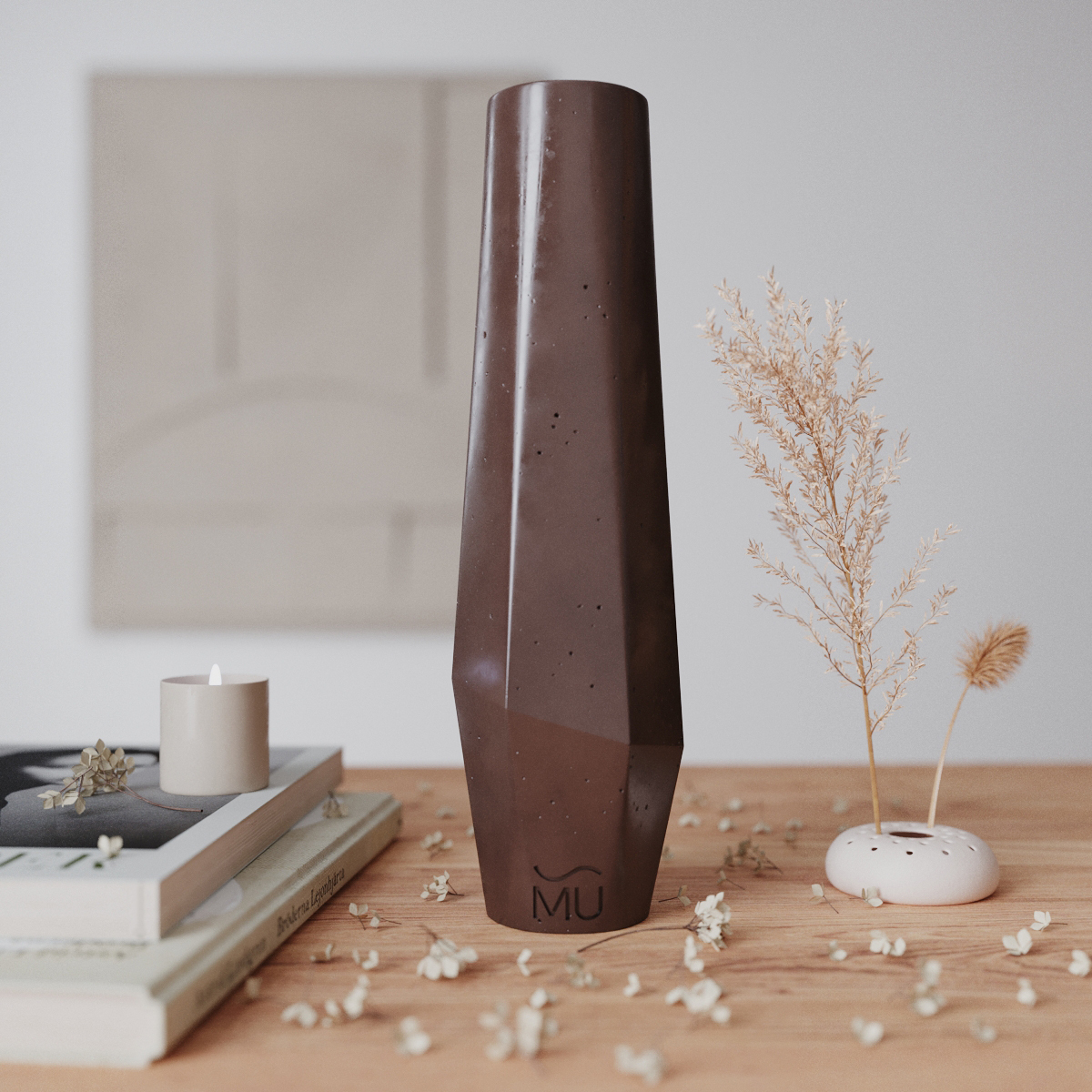 фото Декоративная ваза для цветов и сухоцветов megan m, 30 см, бетон, коричневая глянцевая musko home