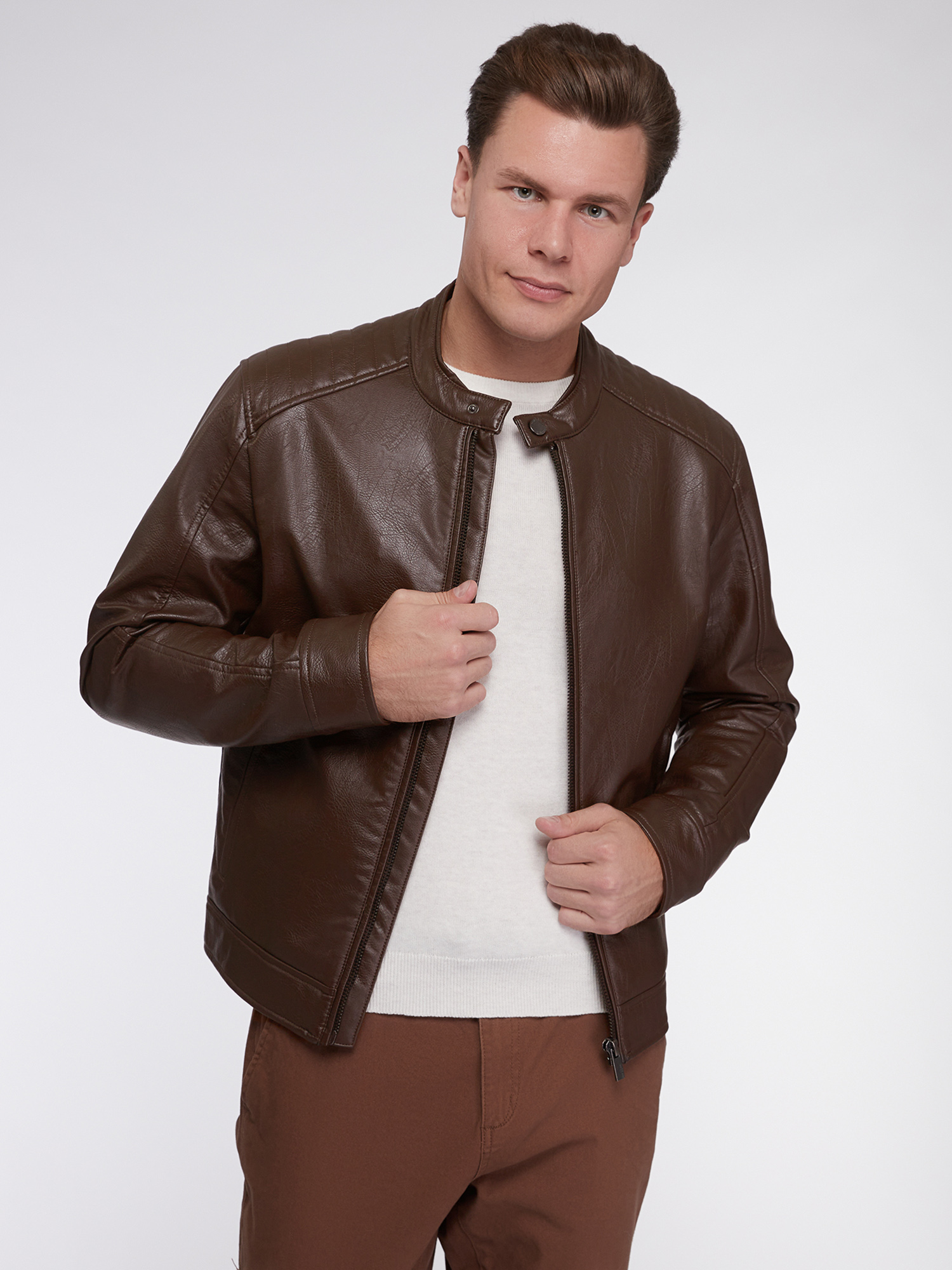 Кожаная куртка мужская 1L521001M коричневая XL oodji. Цвет: коричневый