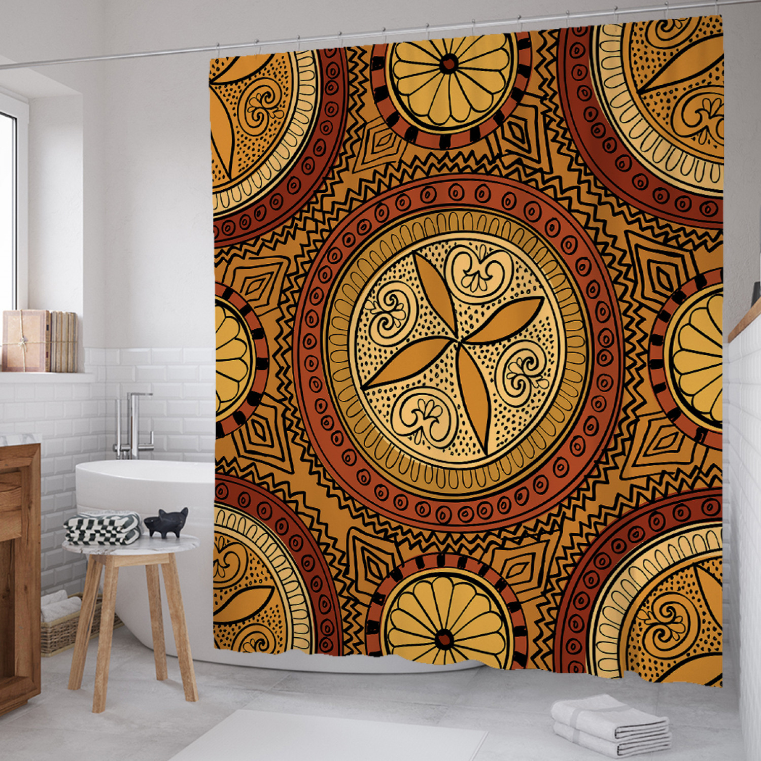 

Штора для ванной JoyArty "Африканский орнамент" из сатена, 180х200 см с крючками, Оранжевый, Африканский орнамент