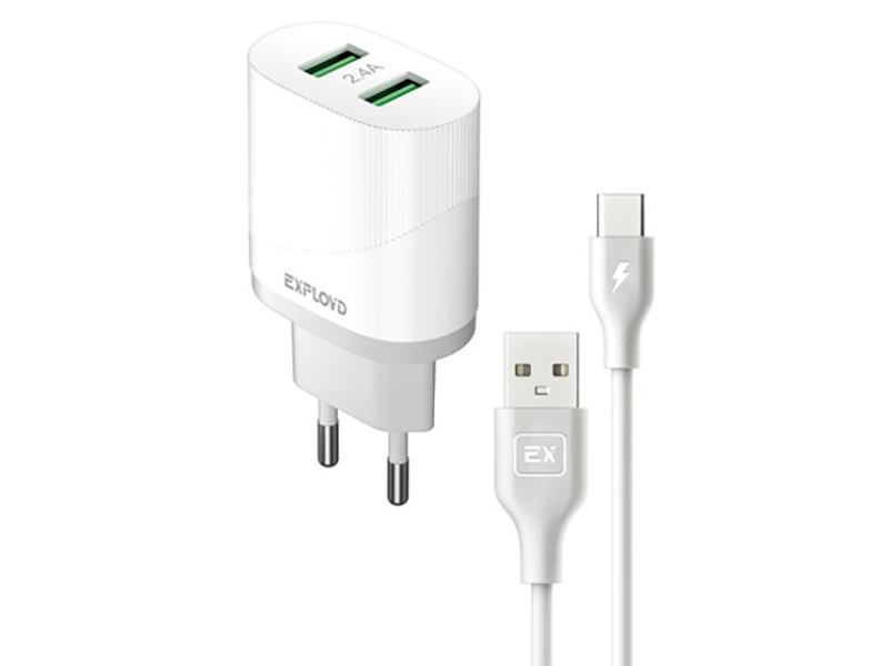 

Сетевое зарядное устройство Exployd type-c 2xUSB 2.4 А белый