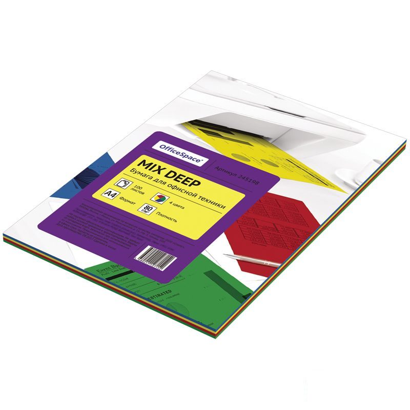 Бумага цветная А4 OfficeSpace медиум микс, 4 цвета по 25 листов, 80 г/кв м, 100 25 уп
