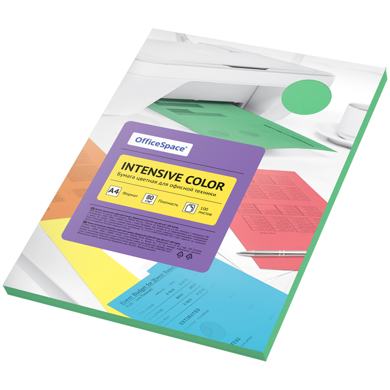 Бумага цветная А4 OfficeSpace Intensive Color зеленая, 80 г/кв м, 100 листов, 20 уп