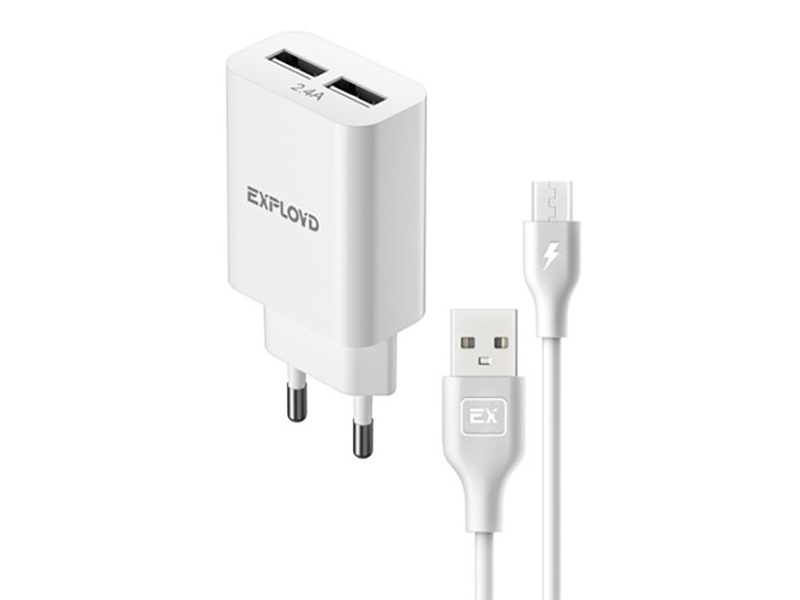 

Сетевое зарядное устройство Exployd micro usb 2xUSB 2.4 А белый