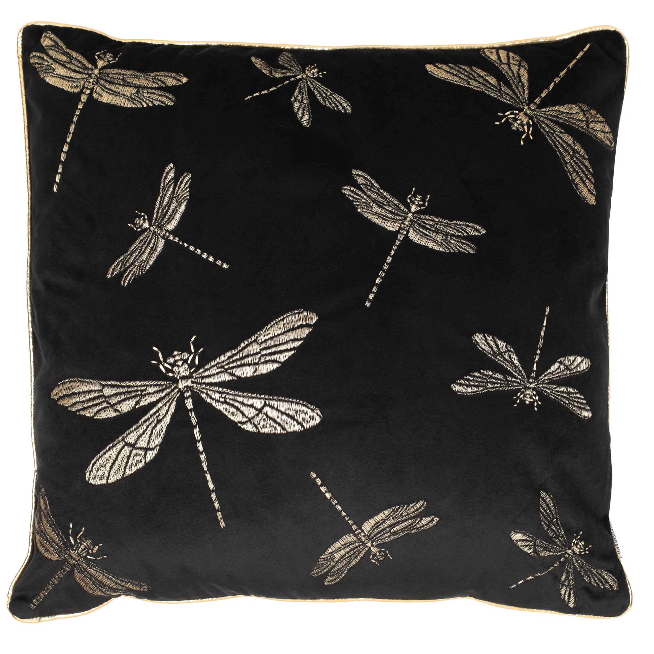 Подушка декоративная, 45х45, вельвет, с кантом, черная, Стрекозы, Dragonfly