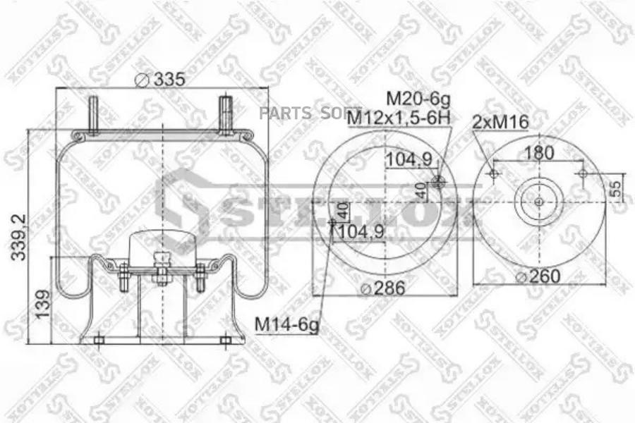 

90-91305-SX_пневмоподушка со стак.!1 шп. M14 1 шп-штуцер М20 снизу 2 отв М16 \Kaiser