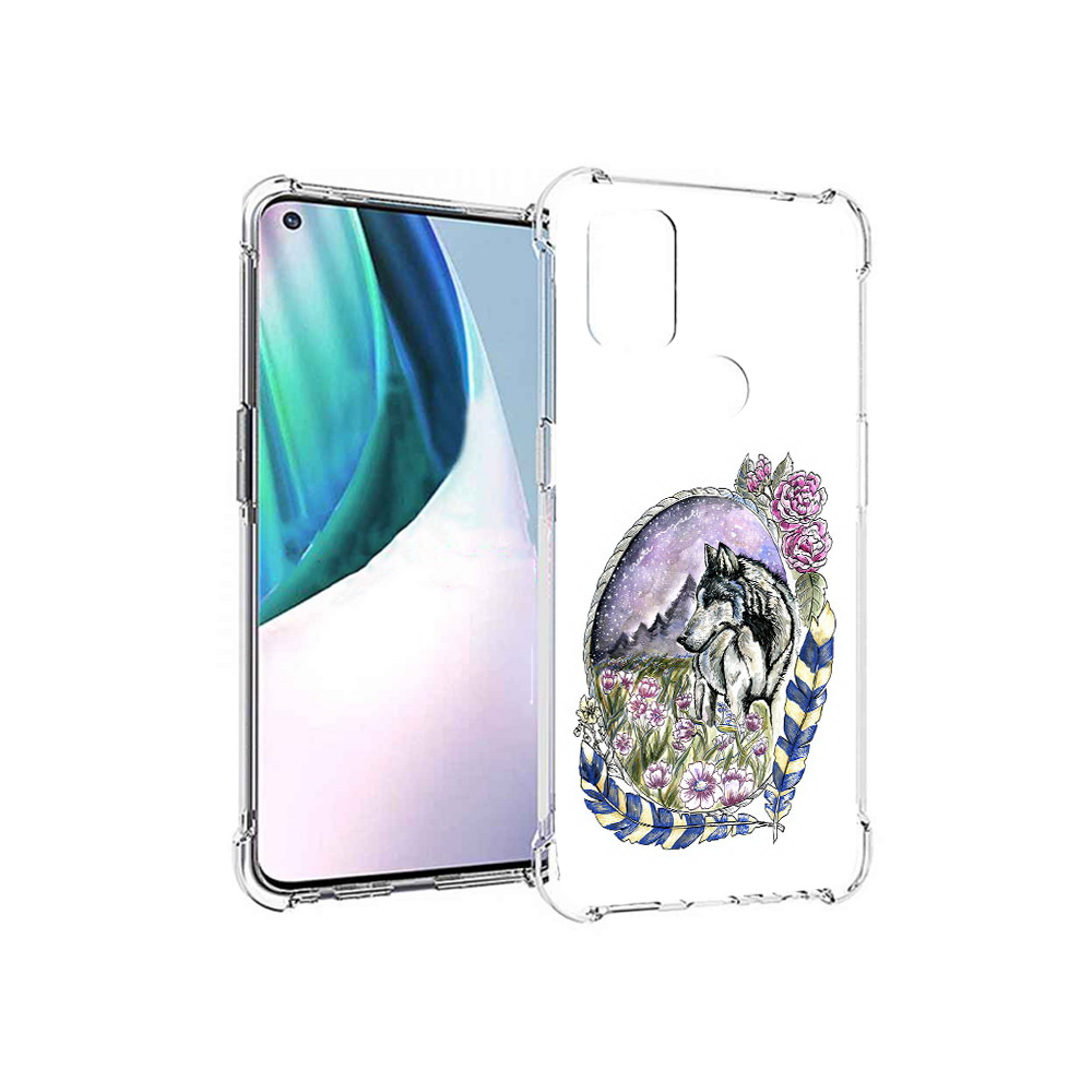 

Чехол MyPads Tocco для OnePlus Nord N10 5G нарисованный волк в цветах с перьями, Прозрачный, Tocco